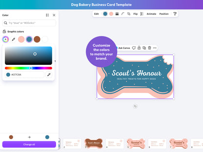 A digital template preview for a dog bakery business card, shown in a design software interface. The central card is bone-shaped with a teal blue background, showing that the colors can be customized.