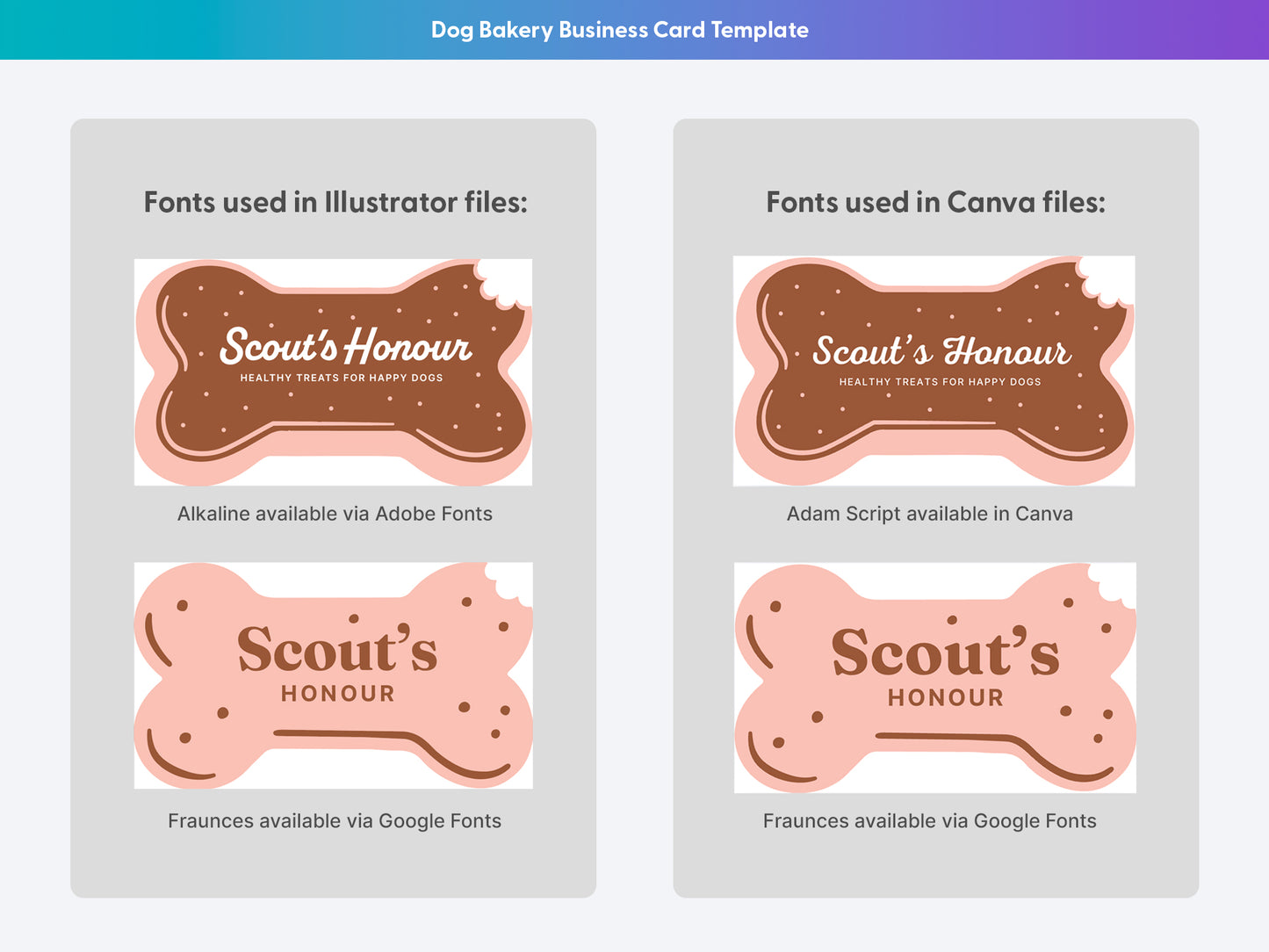 Font comparison for dog bakery business card templates, showing bitten bone designs in Illustrator and Canva using Alkaline, Adam Script, and Fraunces.