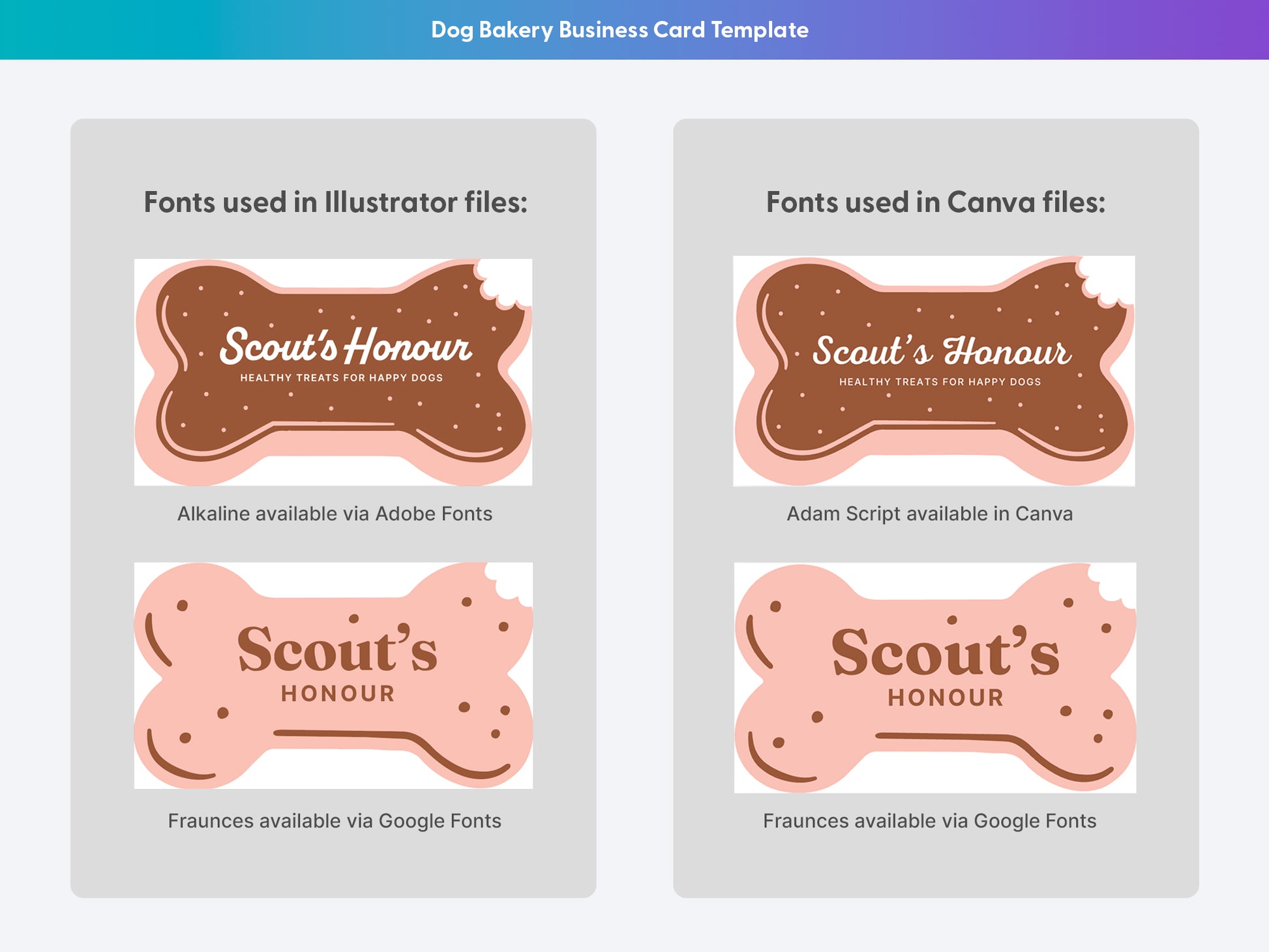 Font comparison for dog bakery business card templates, showing bitten bone designs in Illustrator and Canva using Alkaline, Adam Script, and Fraunces.
