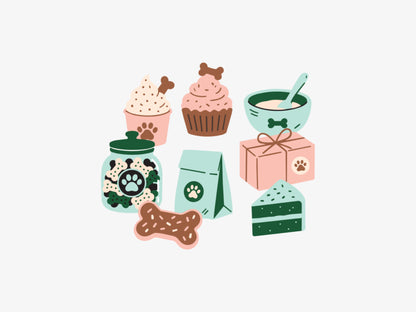 A collection of featured dog bakery illustrations in pink and brown and green hues.