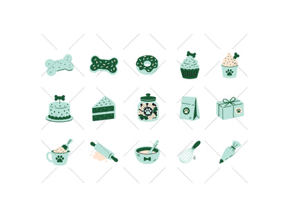 A set of cute, flat-style vector illustrations of bakery and pet-themed items, including dog bones, a donut, cupcakes, a cake, a jar, a gift box, a rolling pin, and baking tools, all in a consistent color palette of dusty pink, brown, and cream on a white background with a faint diagonal watermark grid.