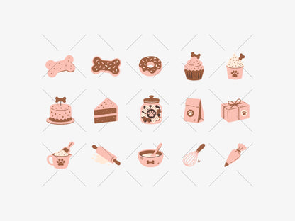 A set of cute, flat-style vector illustrations of bakery and pet-themed items, including dog bones, a donut, cupcakes, a cake, a jar, a gift box, a rolling pin, and baking tools, all in a consistent color palette of dusty pink, brown, and cream on a white background with a faint diagonal watermark grid.