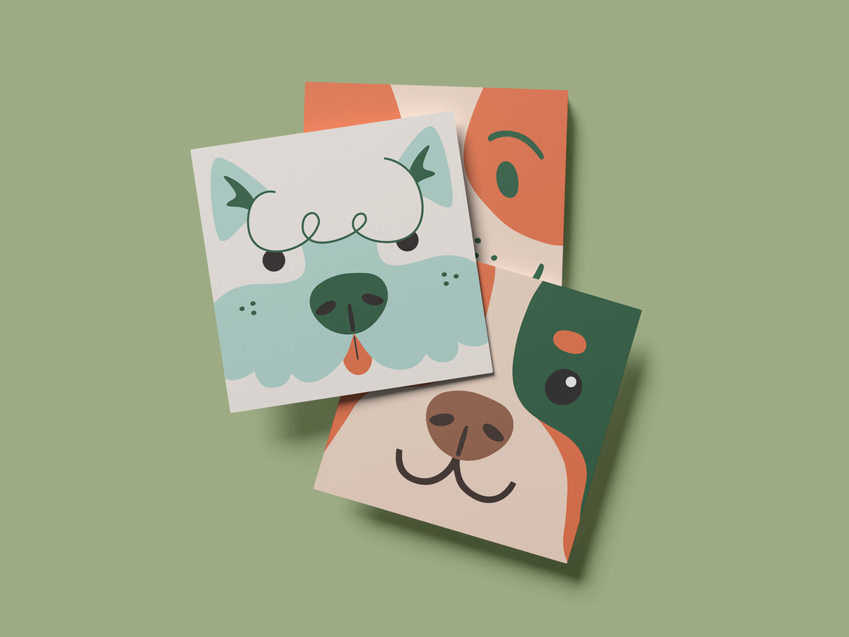 Three square dog bakery reorder card designs featuring playful illustrated dog faces in mint, orange, cream, and green, displayed on a soft green background.