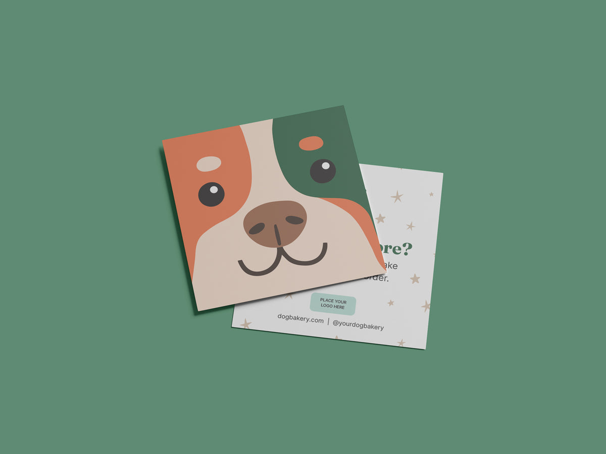Square dog bakery reorder card template featuring an orange, green, and cream illustrated dog face layered over an editable reorder card with space for a logo, website, and social handle.