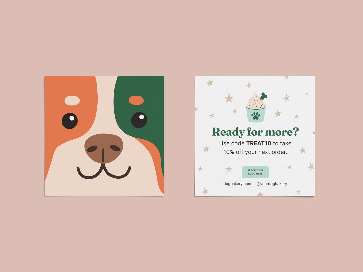 Square dog bakery reorder card template featuring an illustrated orange, green, and cream dog face on the front and an editable “Ready for more?” discount and reorder message on the back.
