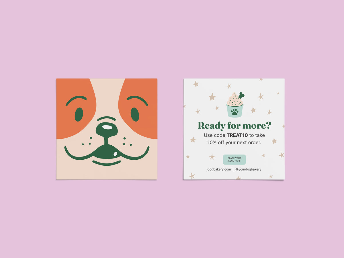 Square dog bakery reorder card template featuring an illustrated orange and cream dog face on the front and an editable “Ready for more?” discount and reorder message on the back.