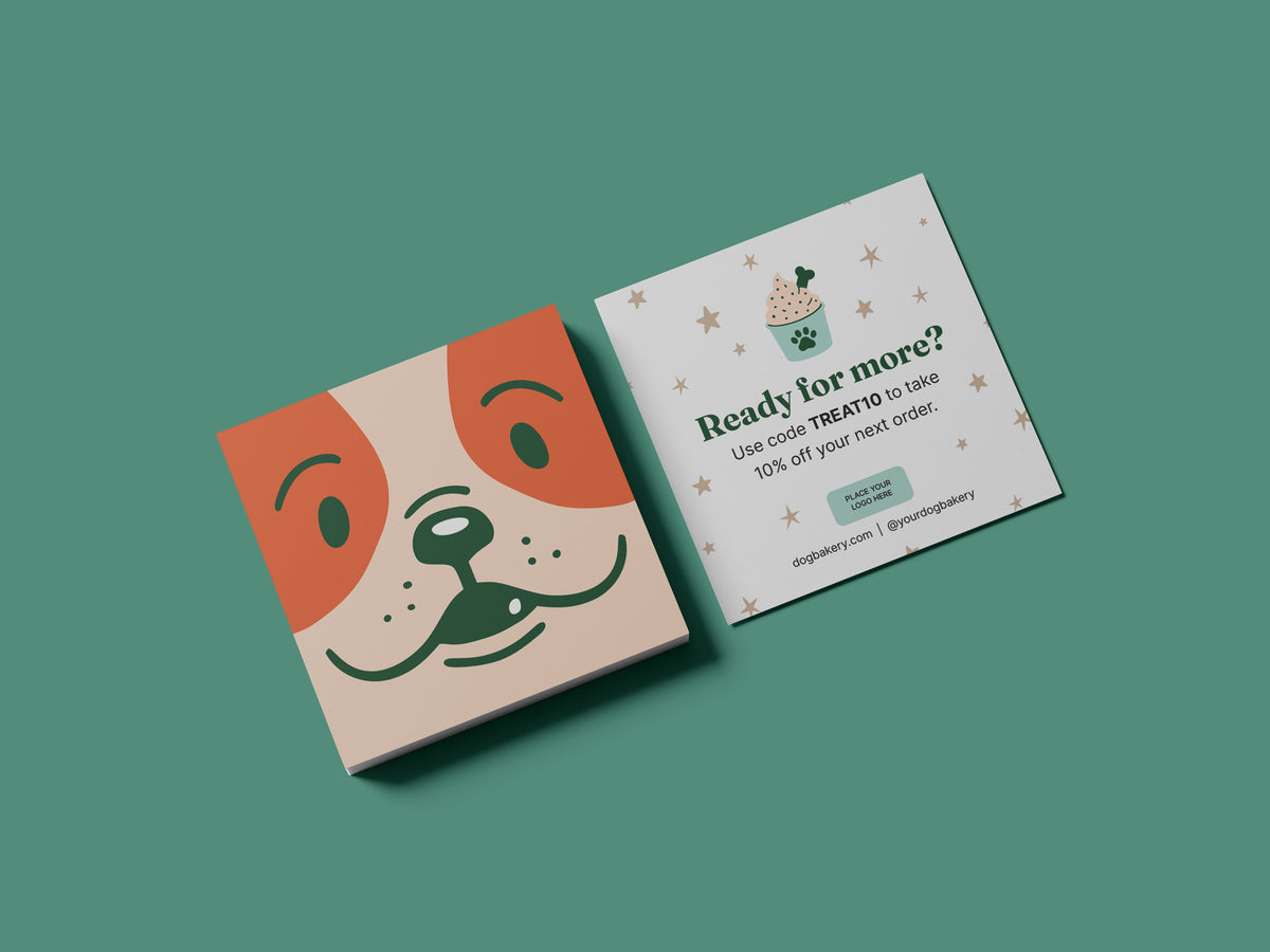 Square dog bakery reorder card template shown front and back, featuring an orange and cream illustrated dog face and an editable “Ready for more?” discount and reorder message.