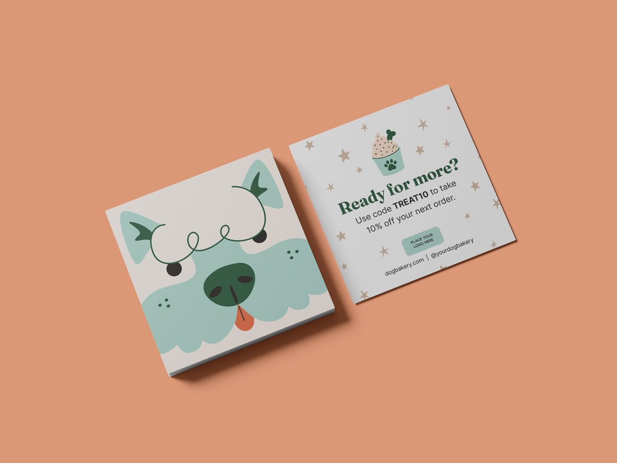 Square dog bakery reorder card template shown front and back, featuring a mint green illustrated dog face and an editable “Ready for more?” discount and reorder message.