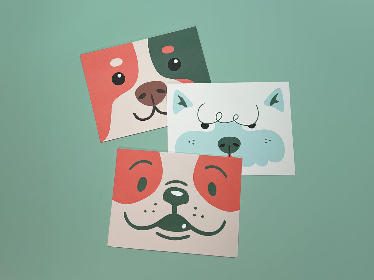 Three colorful dog bakery thank you card templates featuring playful illustrated dog faces on a mint green background.