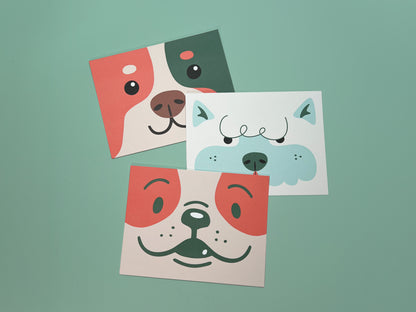 Three colorful dog bakery thank you card templates featuring playful illustrated dog faces on a mint green background.