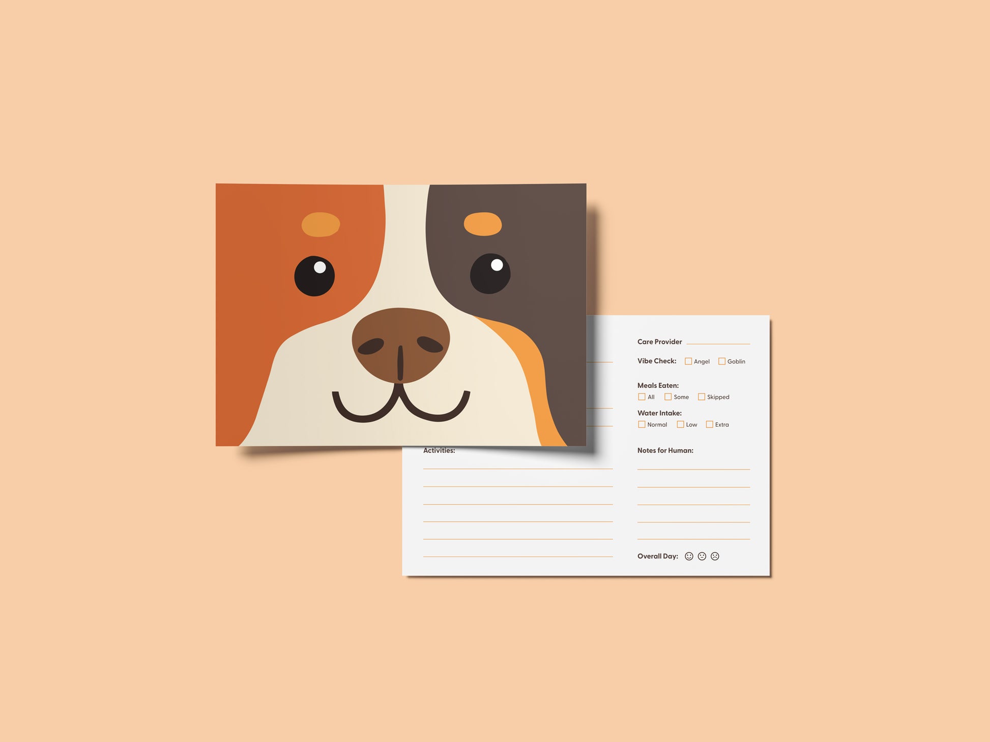 Front and back view of illustrated doggy daycare report cards on a peach background, featuring a smiling cartoon dog face on the front and a fill-in daily report card on the back with sections for activities, vibe check, meals eaten, water intake, notes for humans, and overall day rating. Cute, professional dog daycare report cards designed for pet care businesses, groomers, boarding facilities, and dog daycares.