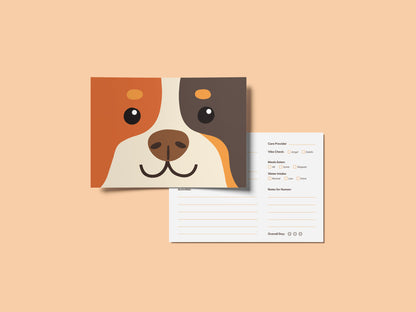 Front and back view of illustrated doggy daycare report cards on a peach background, featuring a smiling cartoon dog face on the front and a fill-in daily report card on the back with sections for activities, vibe check, meals eaten, water intake, notes for humans, and overall day rating. Cute, professional dog daycare report cards designed for pet care businesses, groomers, boarding facilities, and dog daycares.