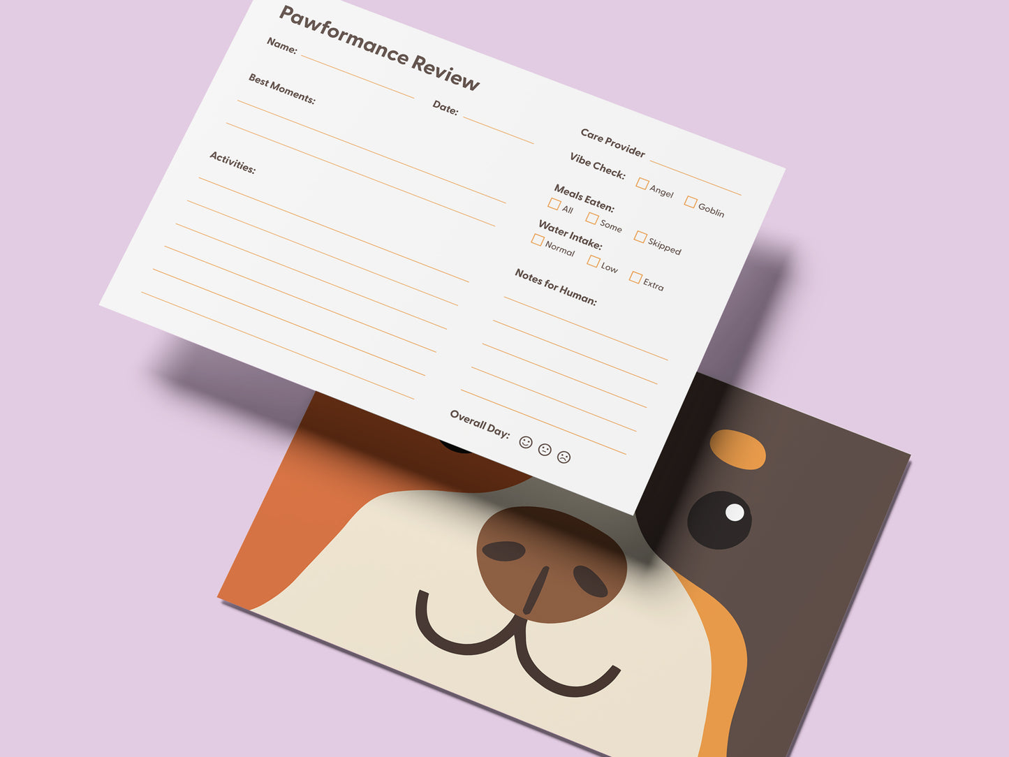 Front and back view of doggy daycare report cards on a light purple background, showing a “Pawformance Review” fill-in card with sections for name, date, activities, vibe check, meals eaten, water intake, notes for humans, and overall day rating, paired with an illustrated smiling dog face on the front. Cute, professional dog daycare report cards designed for pet care businesses, groomers, boarding facilities, and dog daycares.