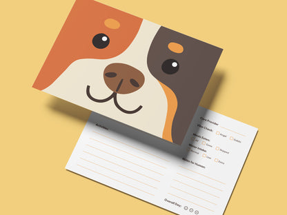 Smiling illustrated dog face on the front of a doggy daycare report card, with the back card visible showing fill-in sections for activities, vibe check, meals eaten, water intake, notes for humans, and overall day rating, displayed on a yellow background. Cute, professional dog daycare report cards designed for pet care businesses, groomers, boarding facilities, and dog daycares.