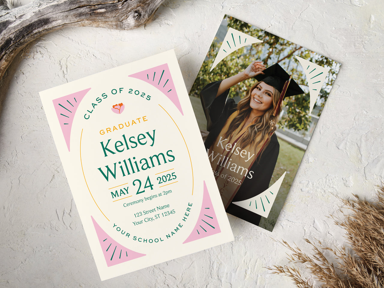 A modern and elegant graduation invitation featuring a personalized photo announcement card and a matching text-based invitation. The 5x7 printed graduation invitation includes a minimalist design with bold typography, pastel pink and green details, and customizable event information. Printed on smooth white cover stock, this Class of 2025 graduation announcement is perfect for seniors celebrating their milestone with a custom-printed and professionally designed invitation.
