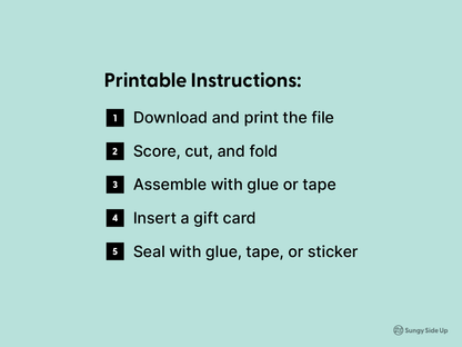 Instruction graphic with a mint green background outlines five steps for using the printable elephant gift card holder: download, print, cut, fold, assemble with glue or tape, insert a gift card, and seal. Designed by Sungy Side Up, this visual provides clear DIY directions for creating the gift card envelope. Great for Etsy listings promoting printable cards and instant downloads for gifting occasions.