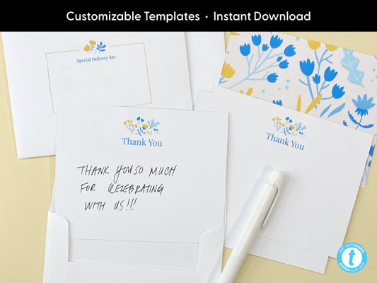 Editable floral thank you card and envelope set shown with handwritten message and floral pattern on the back of the card. Features customizable flat note card templates with a mix of Thank You, monogram, and name for text and matching A2 envelope designs. Bright blue and yellow botanical pattern adds a cheerful touch. Digital stationery set editable in Templett, perfect for printing personalized thank you notes at home. Instant download for DIY use.