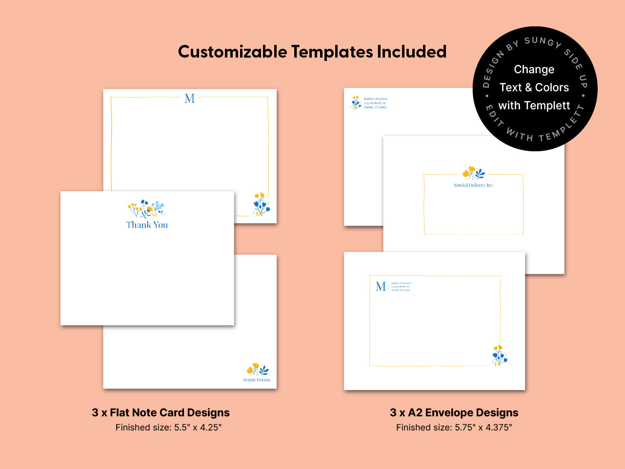 Customizable floral stationery kit featuring 3 editable flat note card templates and 3 matching A2 envelope designs. Instant download printable files sized 5.5 x 4.25 inches for note cards and 5.75 x 4.375 inches for envelopes. Includes modern floral graphics and personalizable text options using Templett. Ideal for DIY thank you cards, everyday correspondence, or personalized gifts. Designed by Sungy Side Up with bright blue and yellow floral details.