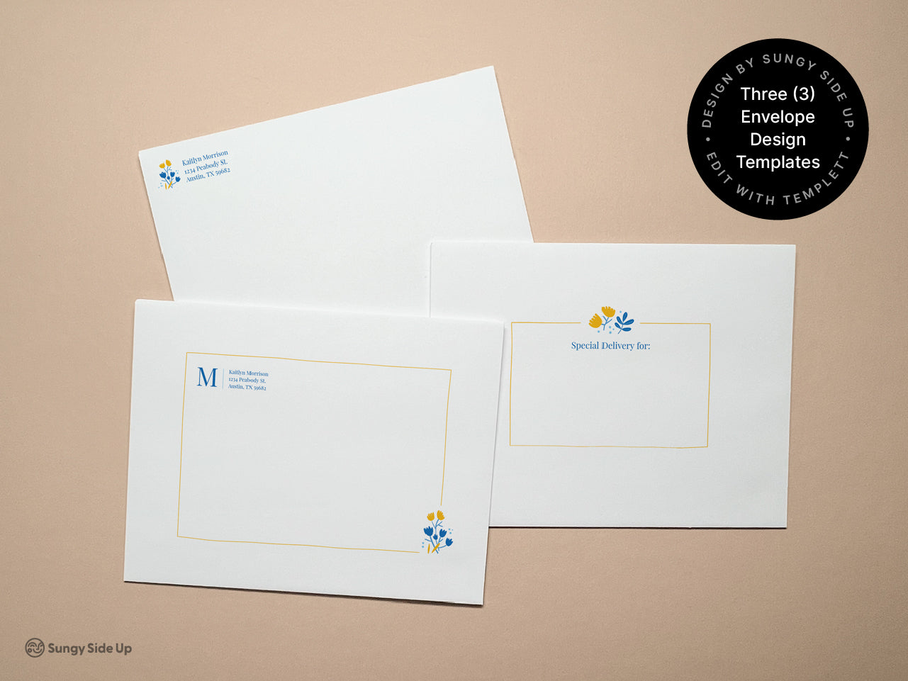 Digital envelope template set featuring three customizable A2 envelope designs with return address, monogram, and Special Delivery text. Designed in a modern floral theme with yellow and blue botanical accents. Fully editable with Templett and sized for easy printing. Perfect for matching with flat note cards or sending happy mail. Great for DIY stationery lovers and personalized correspondence.
