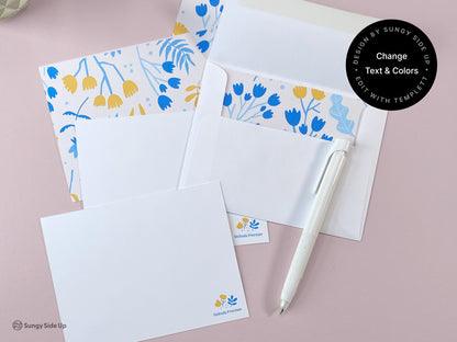 Editable floral stationery set showing flat note card and open envelopes with vibrant blue and yellow flower-patterned liners. Includes 3 customizable card and envelope templates. Design editable via Templett to change names, colors, and fonts. Ideal for personalized thank you notes, happy mail, or thoughtful gifts. Perfect for printing at home or professionally. Designed by Sungy Side Up.
