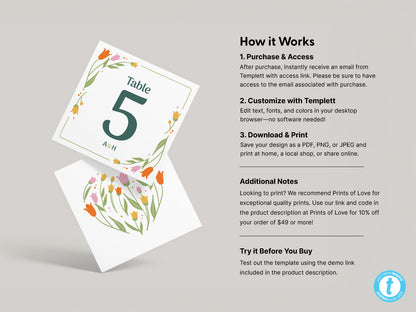 Front and back view of table number template with floral designs along with step by step process for customizing and downloading. The design emphasizes user-friendliness and compatibility with DIY printing for events, weddings, and parties.