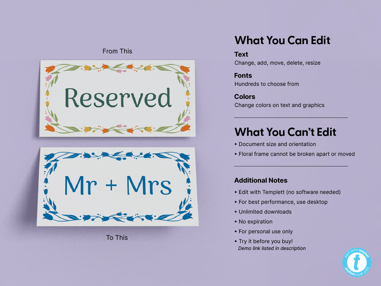 Detailed features of floral table tent templates for wedding and event decor. Includes customizable options for text, colors, and fonts with tulip border designs, ensuring a seamless fit for personalized table signage at special occasions.