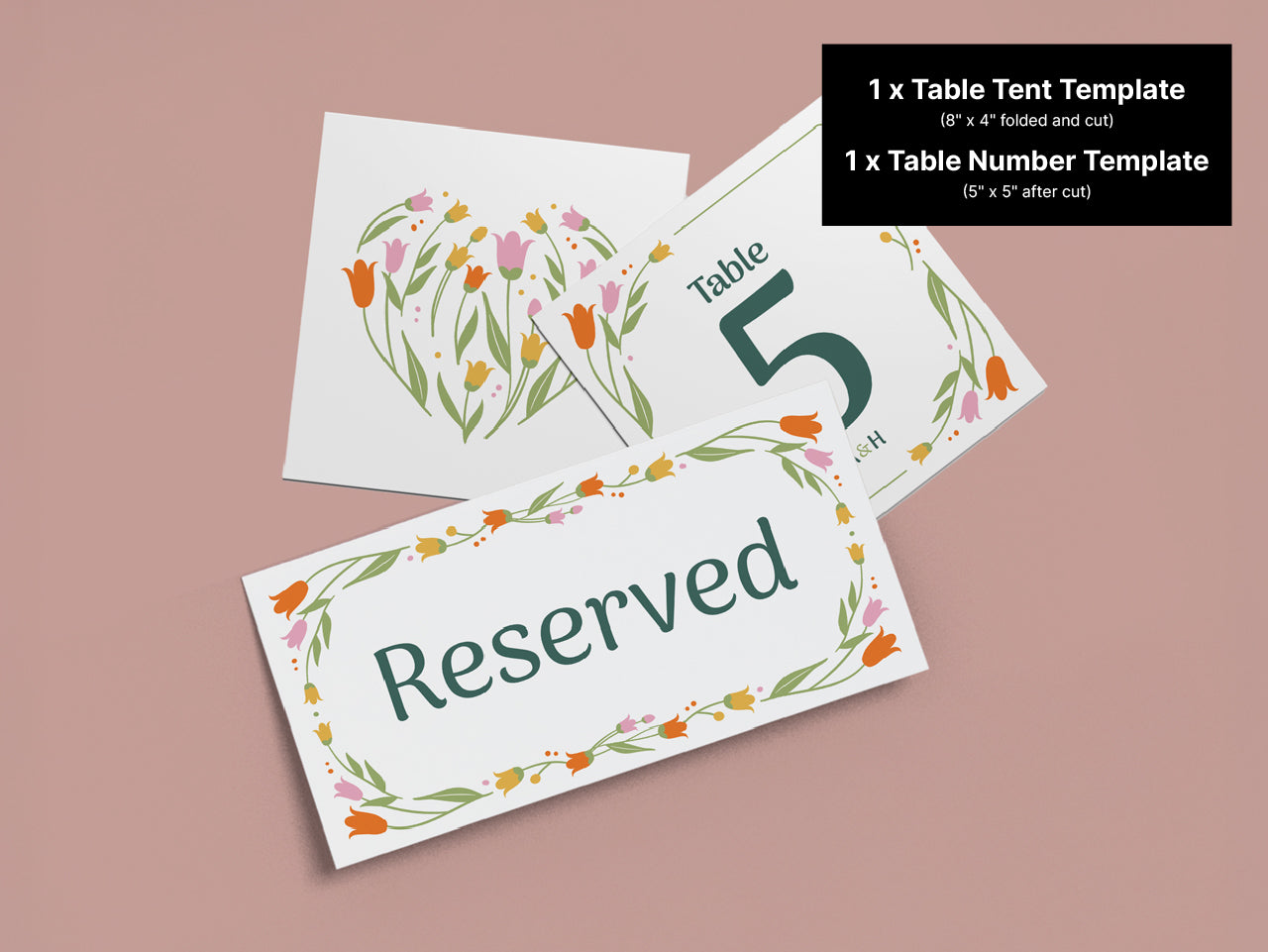 Set of floral table templates including a table tent and a square table number card, displayed on a pink background. The floral-inspired designs and clear dimensions are ideal for adding a touch of elegance to weddings, bridal showers, and events.