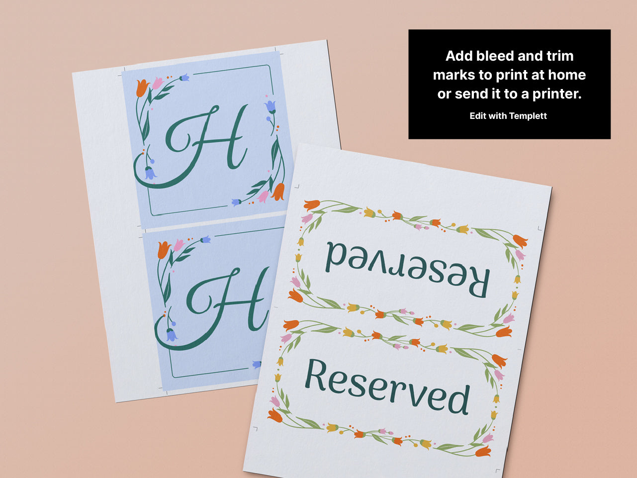 Floral monogram table number template and reserved table tent template with professional bleed and trim marks for easy at-home or professional printing. The modern floral design make the templates a great choice for weddings, receptions, and events.