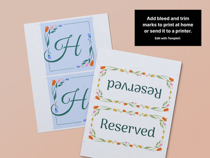 Floral monogram table number template and reserved table tent template with professional bleed and trim marks for easy at-home or professional printing. The modern floral design make the templates a great choice for weddings, receptions, and events.