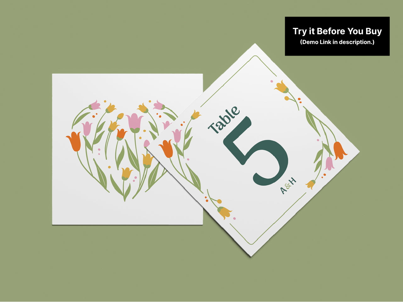 Stylish floral table number and heart-shaped design templates displayed on a green background. The editable templates are fully customizable and designed for DIY wedding decor, offering users the opportunity to test and personalize before purchase.