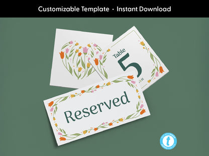 Customizable floral table tents and table number templates with floral designs. Features editable Reserved and table number signs. Ideal for wedding seating signage, event decor, and parties. Printable templates available for instant download.