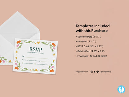 RSVP card design featuring floral illustrations on a blush pink background. A list of templates included in this bundle and dimensions are listed to the side of the RSVP card displayed.