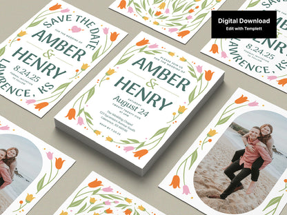 Floral wedding invitation template bundle featuring Save the Date and Invitations arranged in a flat lay. Each card showcases colorful floral illustrations framing elegant text in a modern layout. A label noting that this is editable with Templett.