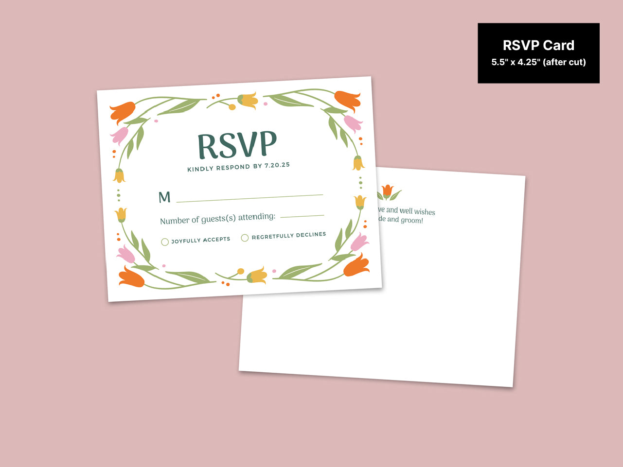 RSVP card design featuring floral illustrations on a blush pink background. The card includes options for guests to indicate attendance and a section for well wishes to the couple. Dimensions listed as 5.5 x 4.25 inches after cutting.