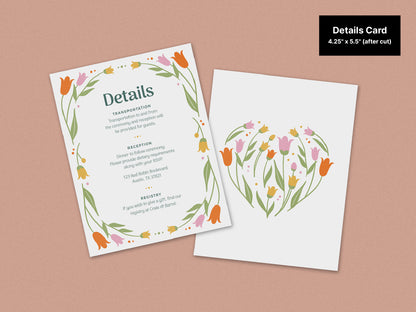 Details Card from a floral wedding template bundle, displayed. The front of the card includes sections for transportation, reception, and registry details, framed by floral illustrations. The back features a heart-shaped floral arrangement.