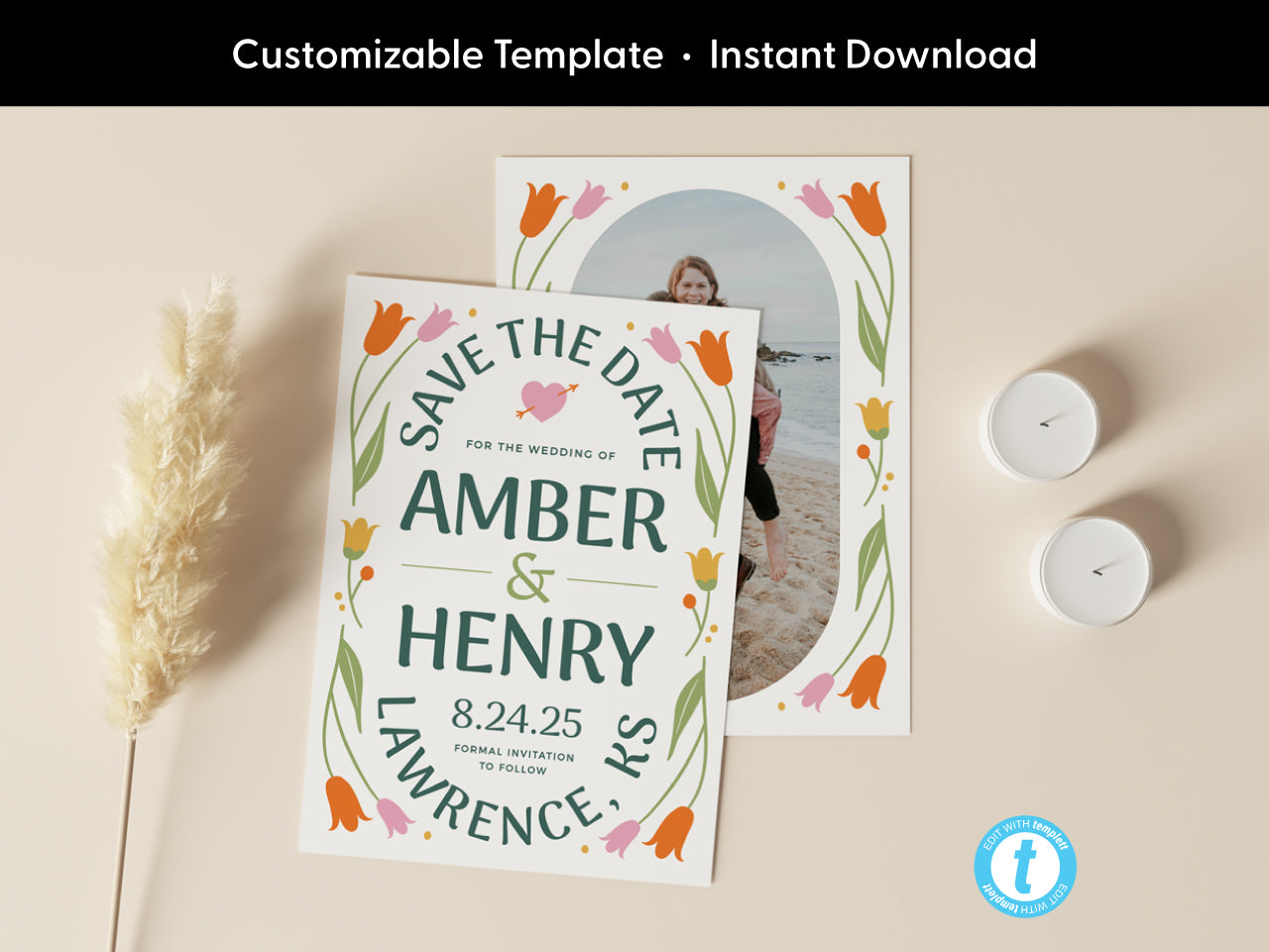 Save the Date card from a customizable floral wedding template bundle displayed on a neutral background. The card features elegant text announcing the wedding of Amber and Henry, with a second card showcasing a photo insert.