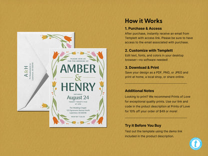 Wedding invitation template featuring floral illustrations and an elegant layout, displayed alongside a matching envelope. The background includes instructions explaining the purchase, customization, and download process using Templett.