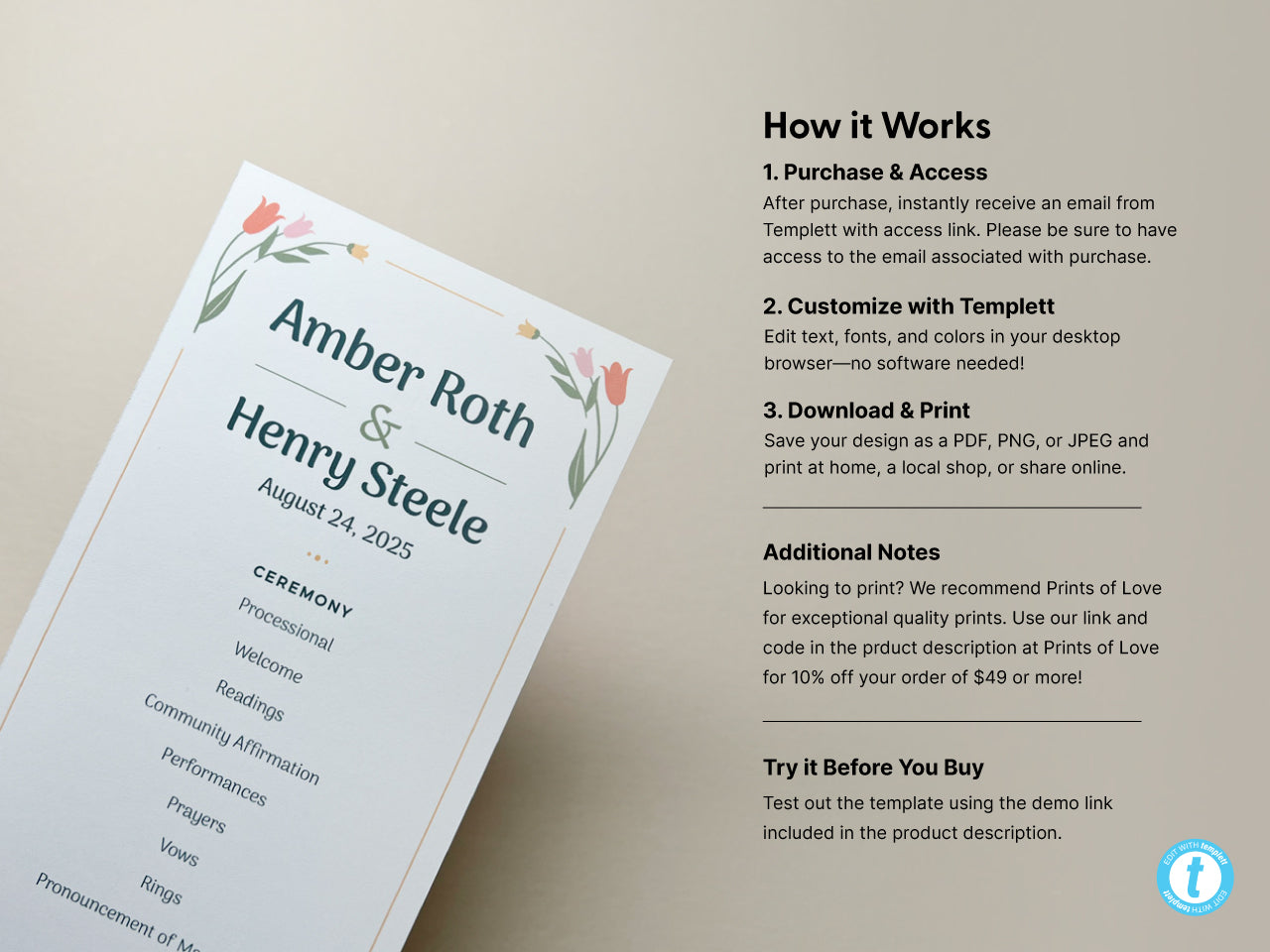 An editable floral wedding program template with floral illustrations displayed alongside a section that explains steps for purchase, customization using Templett, and downloading for printing.