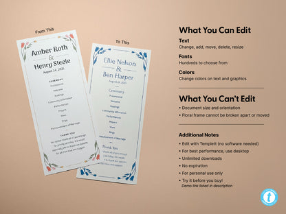 Side-by-side comparison of two floral wedding program templates. The first program features red and pink floral illustrations, while the second has blue floral accents. To the right, a list highlights what can be edited as well as restrictions.