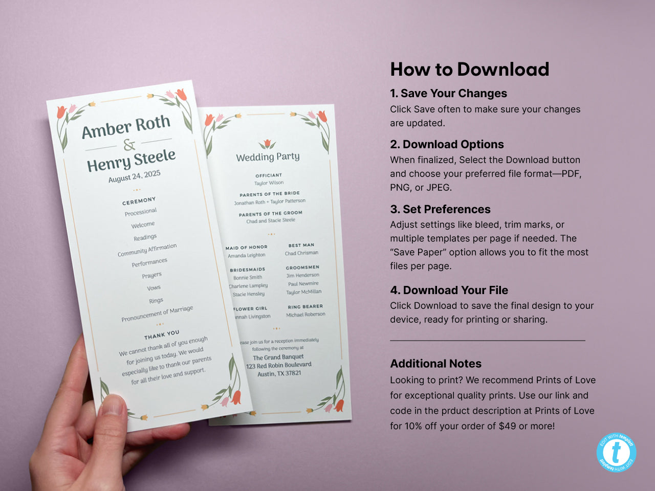 Front and back view of a floral wedding program template displayed. The templates feature floral illustrations with ceremony details and wedding party information. To the right, a section with step-by-step instructions on how to finalize and print.