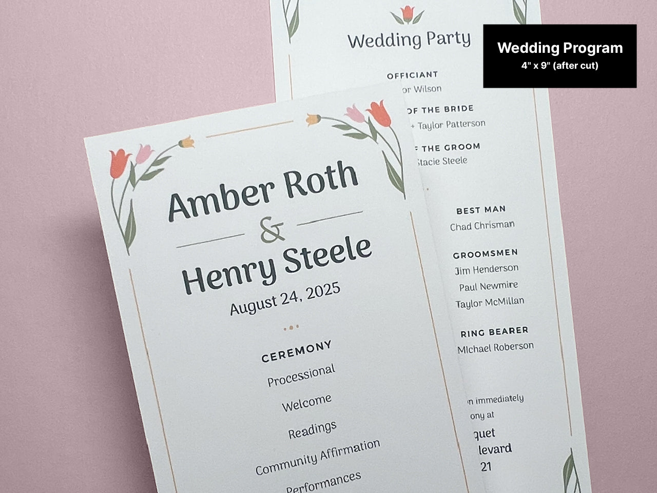 Editable 4 x 9 inch floral wedding program template displayed. The front of the program features names, ceremony details, and floral illustrations. The back of the program includes Wedding Party details.