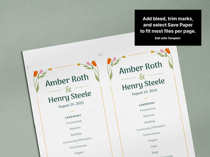 A printable sheet showing two floral wedding program templates with trim marks. The design features red and pink floral illustrations with the names and ceremony details. Trim marks are visible around the templates for easy cutting.