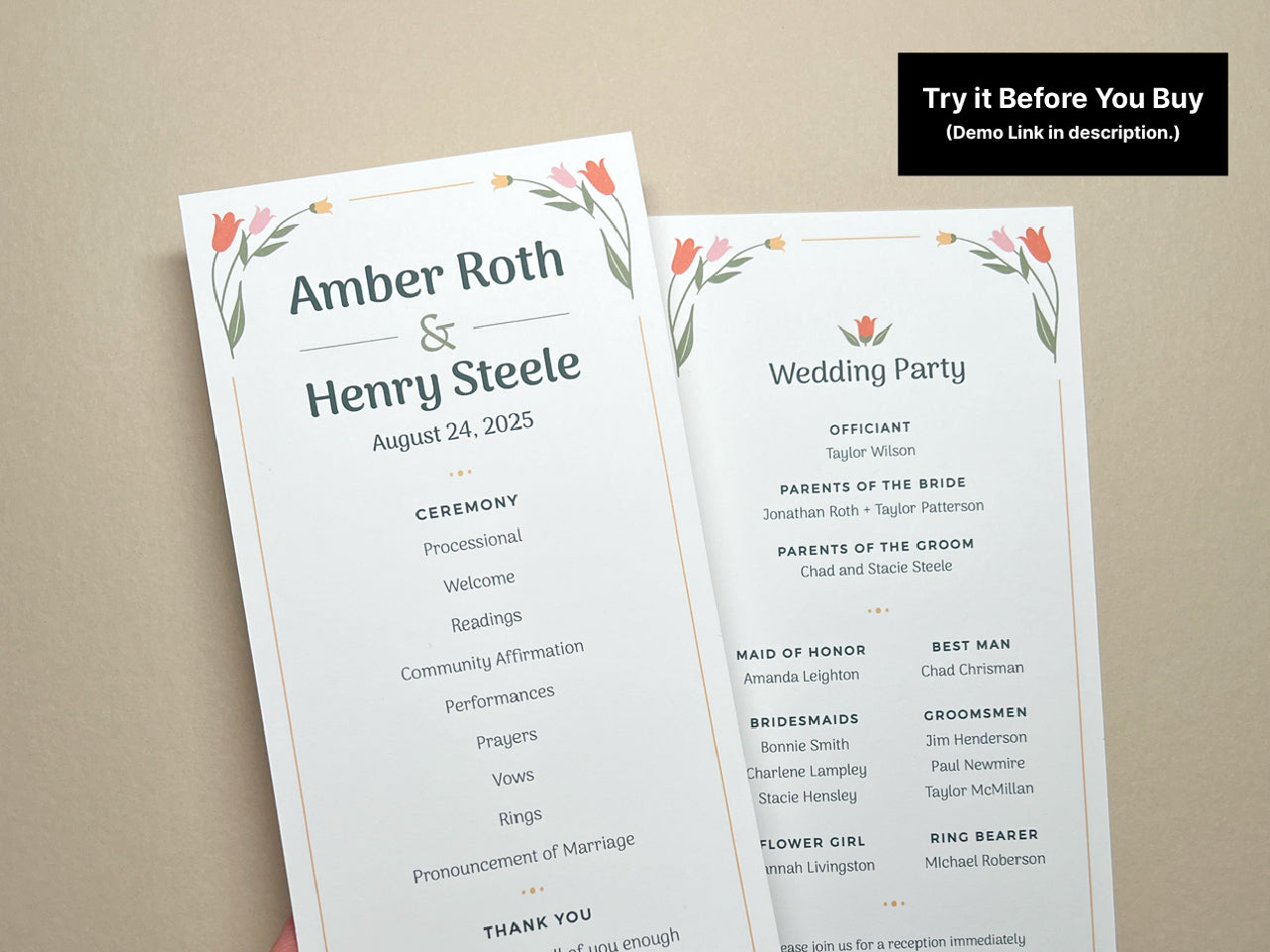 Editable wedding program template with modern floral illustrations displaying front and back views. The customizable floral wedding program template includes the ceremony details on the front and Wedding Party details on the back.