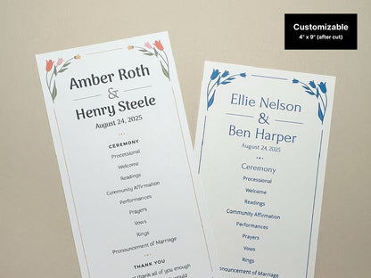 Customizable floral wedding program template featuring floral illustrations displaying the front and back. The front of the template features names and ceremony details. A label is included in the top right stating the final size of the programs.