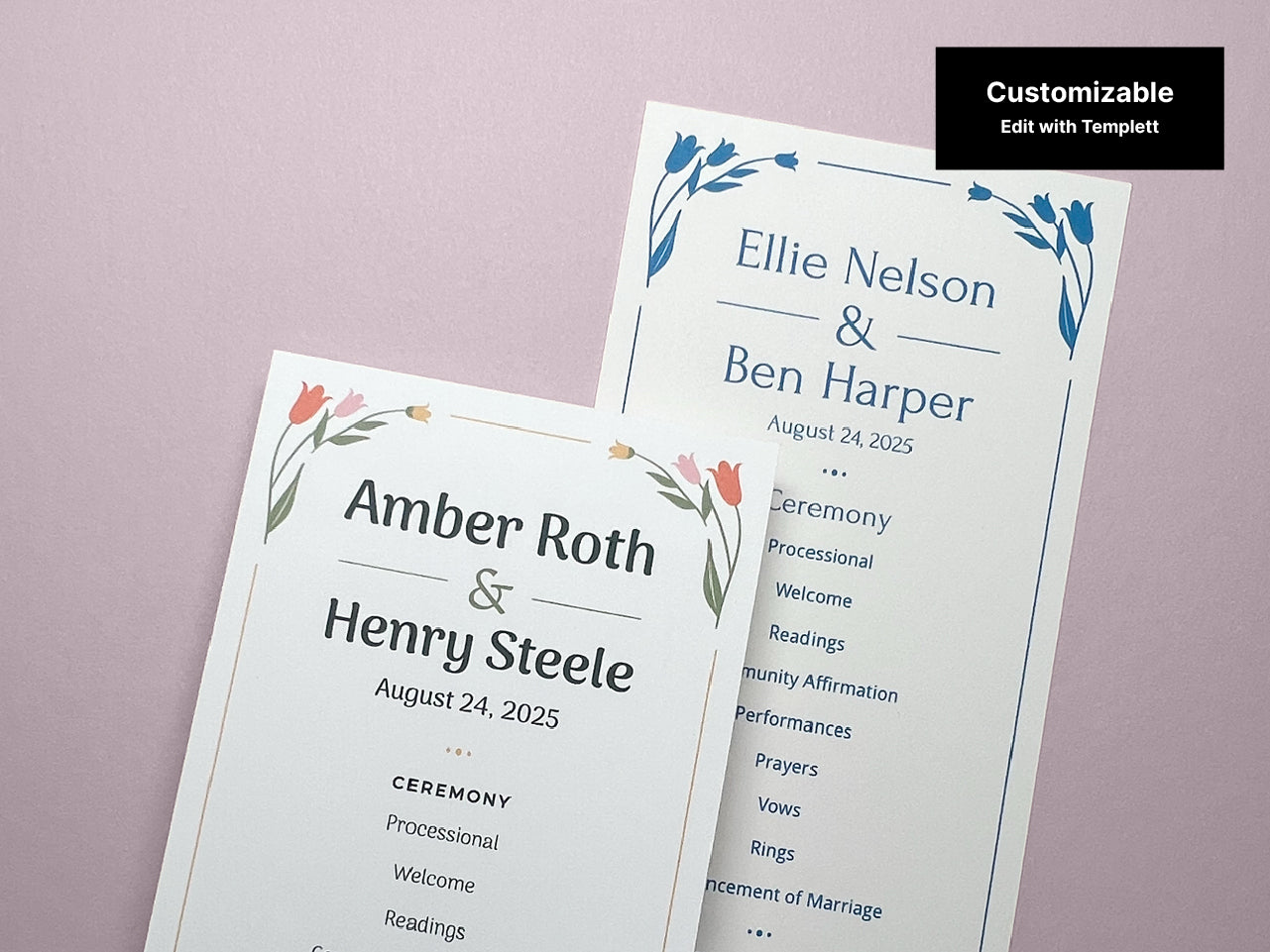 Two floral wedding program templates displayed on a soft pink background. The first template features red and pink floral illustrations, while the second template showcases blue floral accents. Both designs include customizable ceremony details.