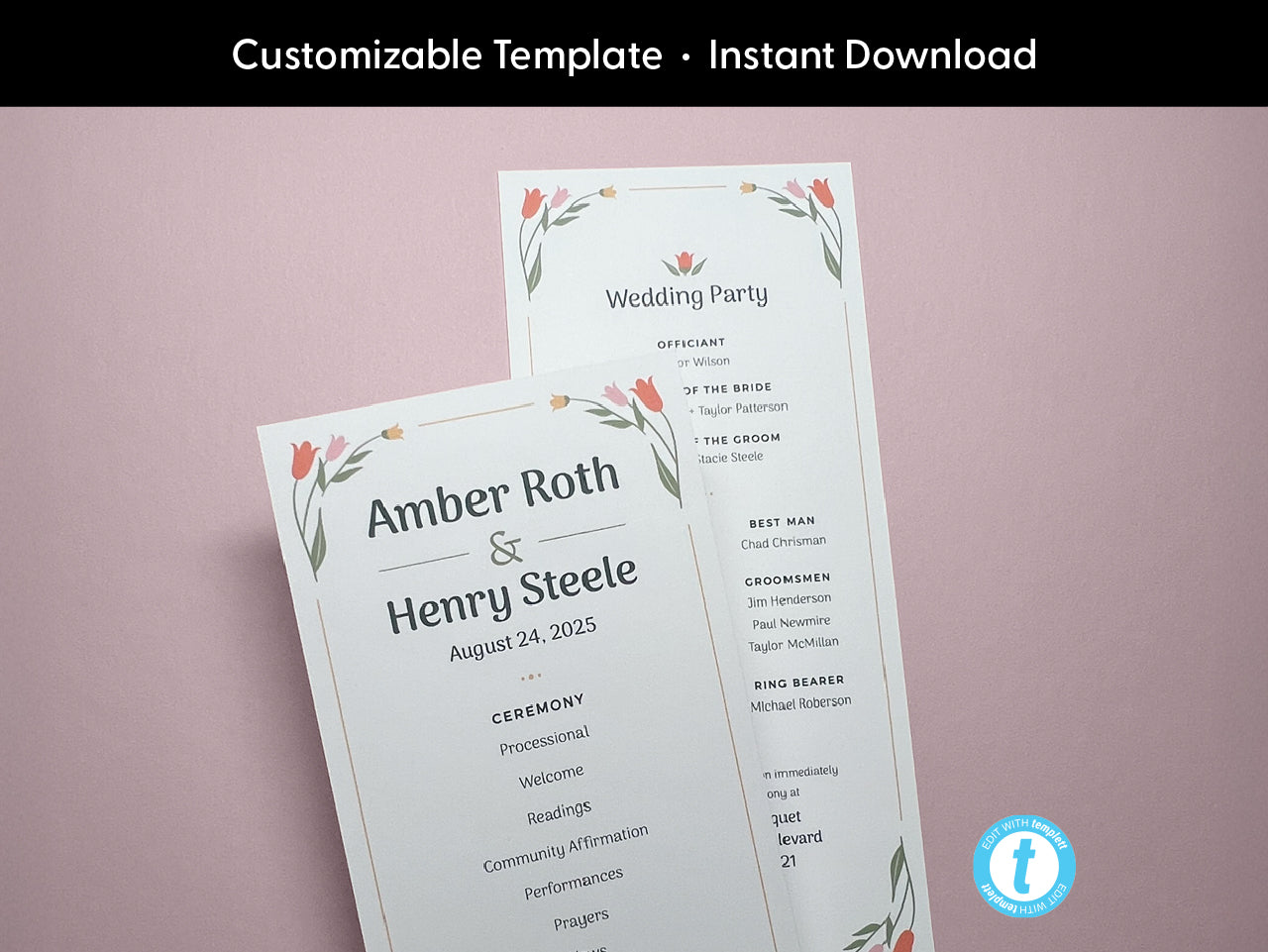 Customizable floral wedding program templates displaying front and back view on a soft pink background. The programs feature elegant floral illustrations along with a modern and minimalist layout for ceremony details and wedding party information.