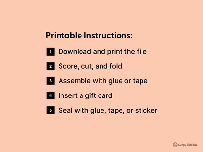 A minimalist graphic listing five steps to assemble a printable fox gift card holder: download, score, cut, glue, and insert gift card. Designed for easy DIY use with cardstock or printer paper. Perfect for digital crafters, parents, or teachers needing a cute and functional card holder template. Works well as a simple classroom activity or personalized gift.