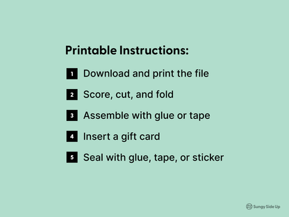 Printable frog gift card holder instructions displayed on a light green background, outlining simple DIY steps for printing, cutting, folding, and assembling the envelope. Designed for easy use with cardstock or printer paper, this frog-themed template is ideal for general celebrations and gifting occasions, suitable for both kids and adults who want a fun and handmade gift presentation.