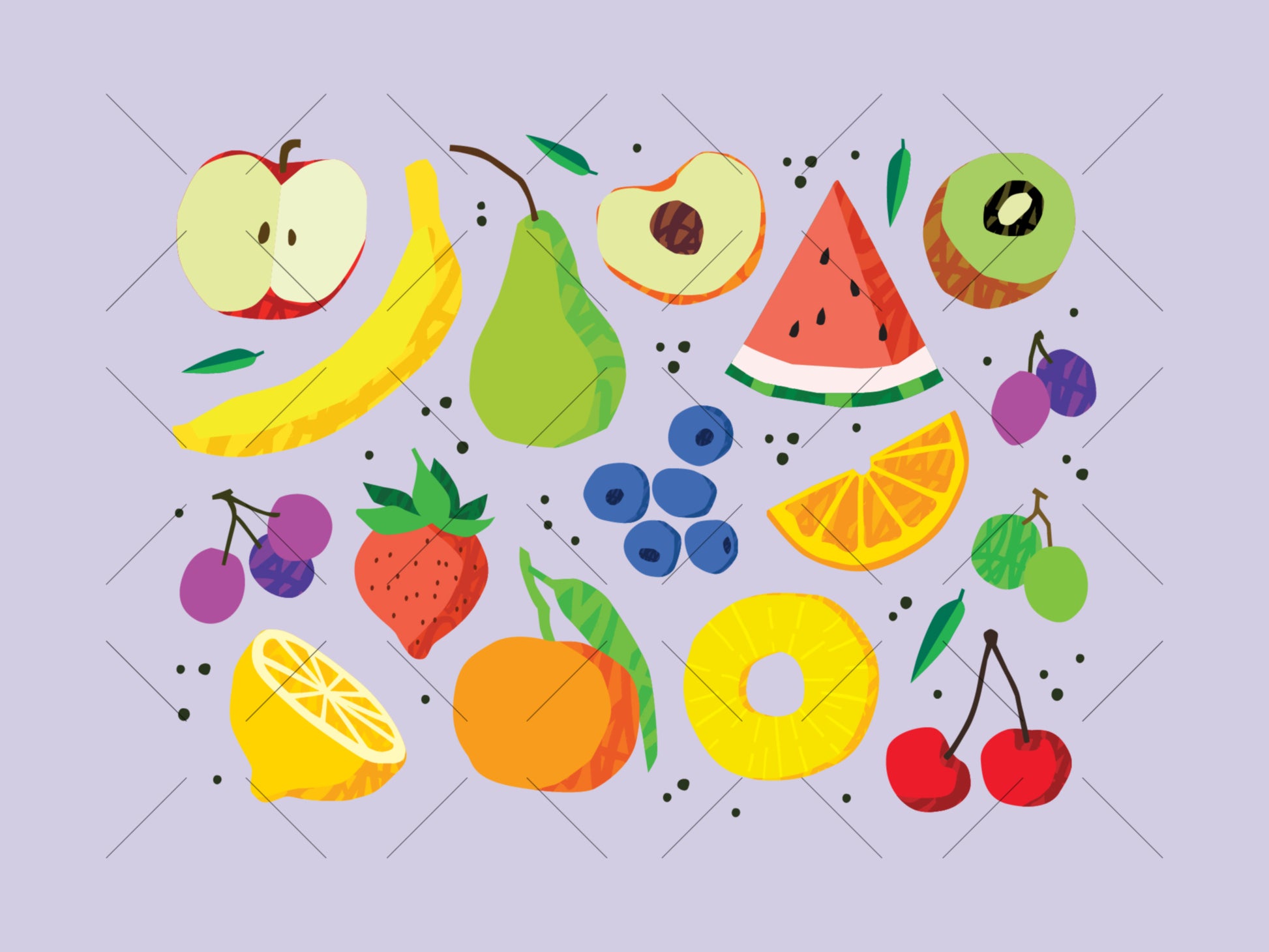 Colorful hand-drawn fruit illustration pack featuring apples, banana, pear, watermelon, berries, citrus, kiwi, and cherries.