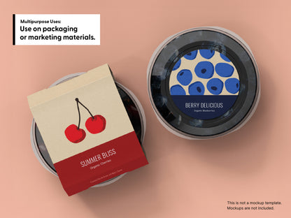 Two round plastic containers of berries. The container on the left is wrapped with kraft colored packaging with an illustration of cherries on top. The container on the right has a packaging sticker on top with a blueberry illustration pattern.